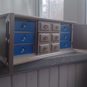 Vintage 70s large gray wood brass lined 8 drawer jewelry storage box cabinet